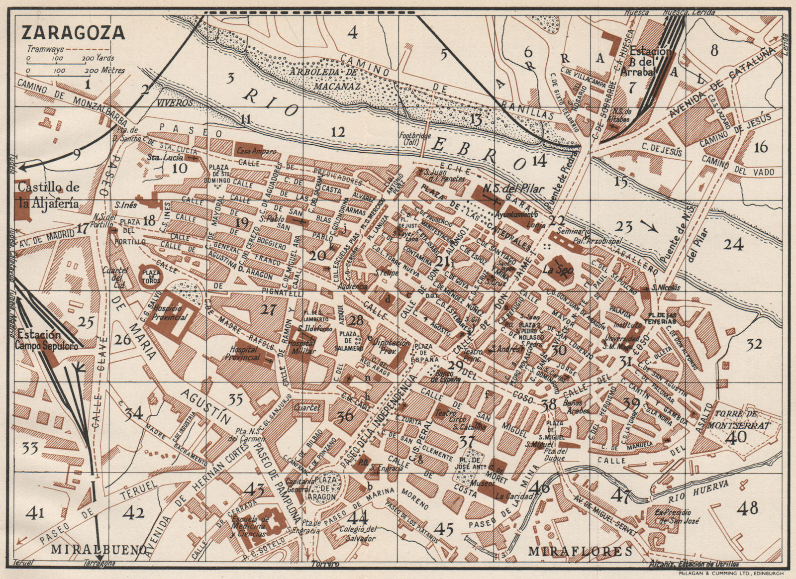 ZARAGOZA. Vintage town city map plan. Spain 1958 old vintage chart